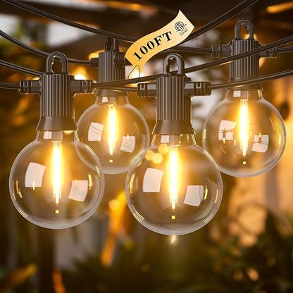 Kawaya Outdoor String Lights 100 FT LED Patio Light with 50+2 Shatterproof Edison Globe Bulbs - IP65 Waterproof Dimmable Hanging Lights - 2700K Warm White Lighting for Outside Porch Deck Bistro Cafe