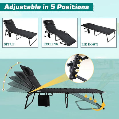 Outdoor Folding Lounge Chair Padded for Adults 264Ibs Patio Chaise Lounge Chair for Outside 5-Position Adjustable Reclining Beach Chair with Pillow Pocket