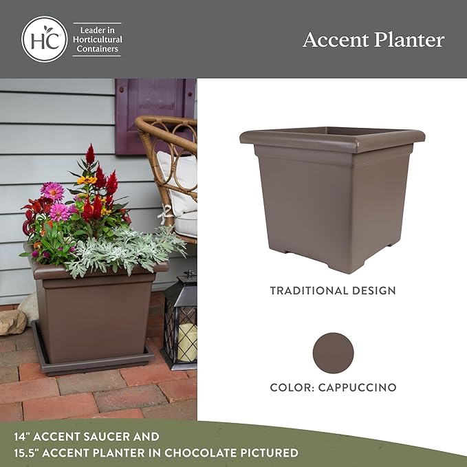 The HC Companies 12.5 Inch Accent Square Plant Pots with Drainage, Lightweight UV-Resistant Plastic Planters for Indoor & Outdoor Plants, 2-Pack Flower Pots for Garden, Office & Home Decor, Cappuccino
