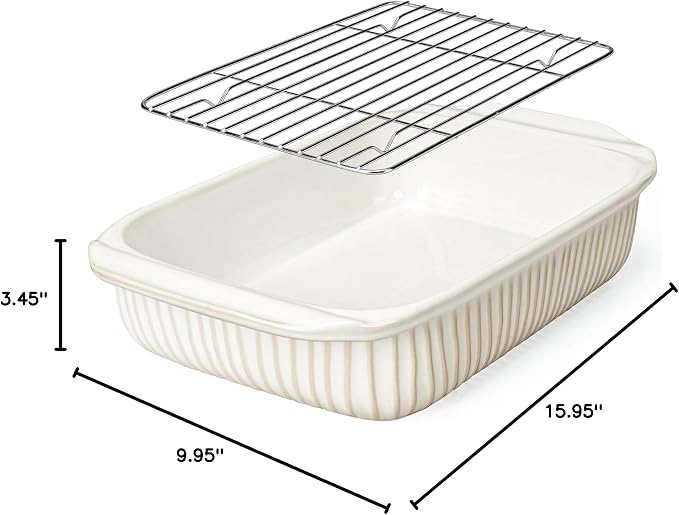 Artena Baking Dish 5.1 Quarts, Casserole Dishes For Oven, Baking Pan With Handles, Lasagna Pan Deep, Large Casserole Dish, Rectangular Ceramic Bakeware (White, With Rack)
