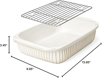 Artena Baking Dish 5.1 Quarts, Casserole Dishes For Oven, Baking Pan With Handles, Lasagna Pan Deep, Large Casserole Dish, Rectangular Ceramic Bakeware (White, With Rack)