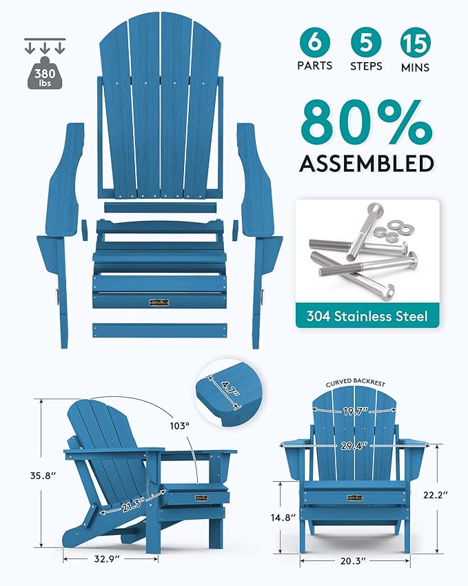 SERWALL Folding Adirondack Chair for Patio Garden Outdoors- Sapphire