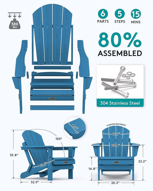 SERWALL Folding Adirondack Chair Set of 6 for Patio Garden Outdoors Fire Pit- Sapphire