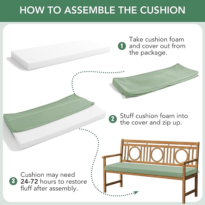 Summsun Outdoor Bench Cushion: Waterproof and Fade Resistant Patio Furniture Cushions - Non-Slip Bench Pad Cushion with Removable Cover for Garden Swing Porch Sofa Settee, 59 x 18 Inch, Sage Green