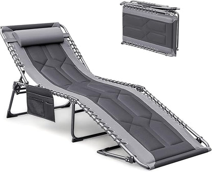 Devoko 4-Fold Padded Portable Folding Outdoor Chaise Lounge Heavy Duty Reclining Chair with Pillow & Side Pocket for Patio, Beach, Pool, Camping, Sunbathing (Gray)
