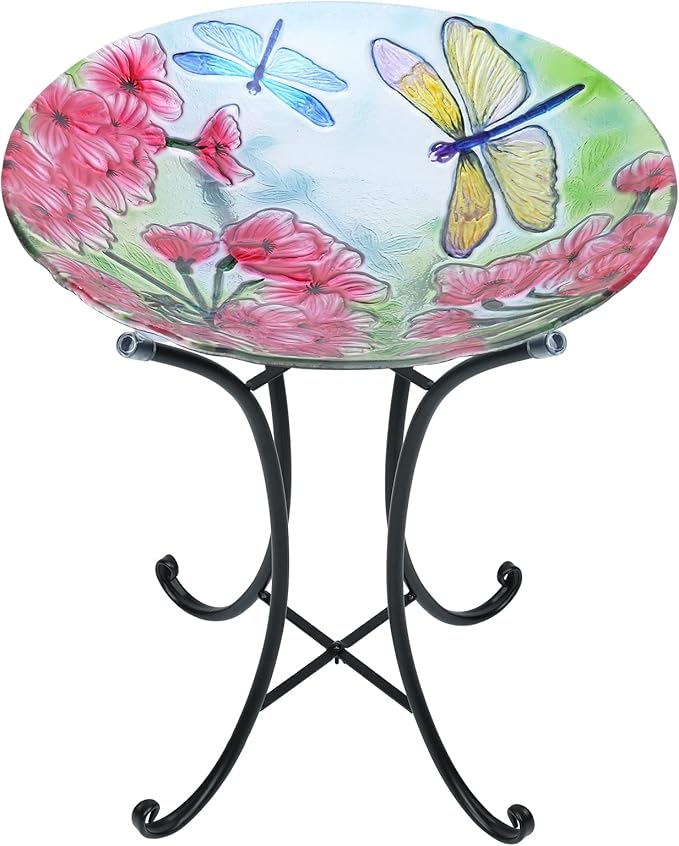 MUMTOP Bird Bath-Bird Baths for Outdoors - Dragonfly Large Bird Bath Bowl with Metal Stand, Glass BirdBaths for The Garden Lawn Yard Decor