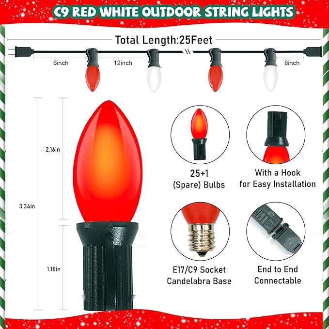 Christmas Multicolor String Lights, Vintage red White Christmas Decor with 26 Red/White Bulbs, 25FT UL Certified C9 Bulb String Lights Connectable for Outdoor Xmas Tree Garden Patio Wedding Decoration
