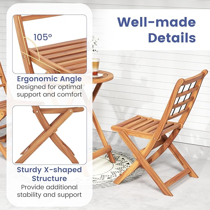 HAPPYGRILL 3 Pieces Acacia Wood Patio Bistro Set, Folding Outdoor Table and Chairs Set with Cushions, Outdoor Patio Furniture Set for Porch, Balcony, Deck, Garden, Backyard (Navy)