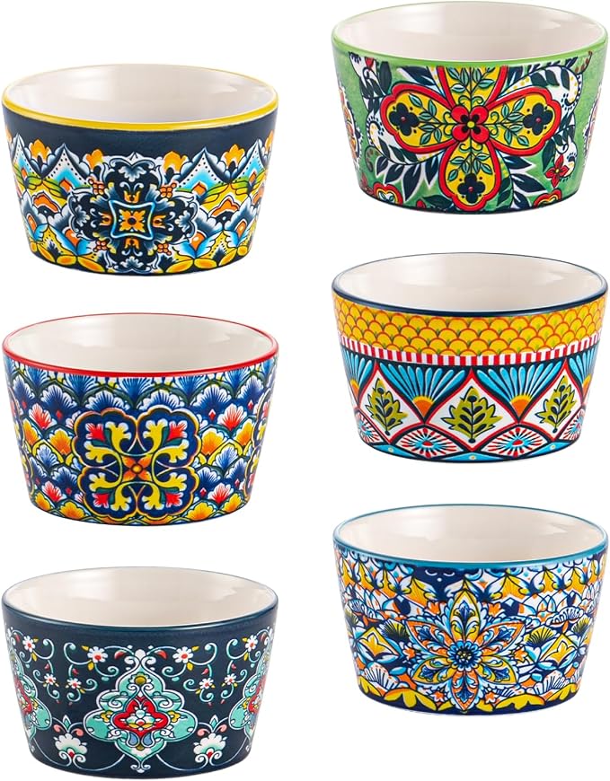 8 oz Ceramic Ramekins Set of 6, Bohemian Baking Bowls & Soufflé Cups | Oven Safe, Ideal for Soufflés, Crème Brûlée, Pot Pies, Mac & Cheese, Dips & Single-Serve Meals