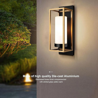 ALVIME Modern Outdoor Wall Light Fixture, 15 Inch 2 Pack Gold Exterior Lighting Fixtures, Waterproof Outdoor Wall Sconce, Porch Outside Lights for House, Garage, Front Door, E26 Base&Etched Opal Glass