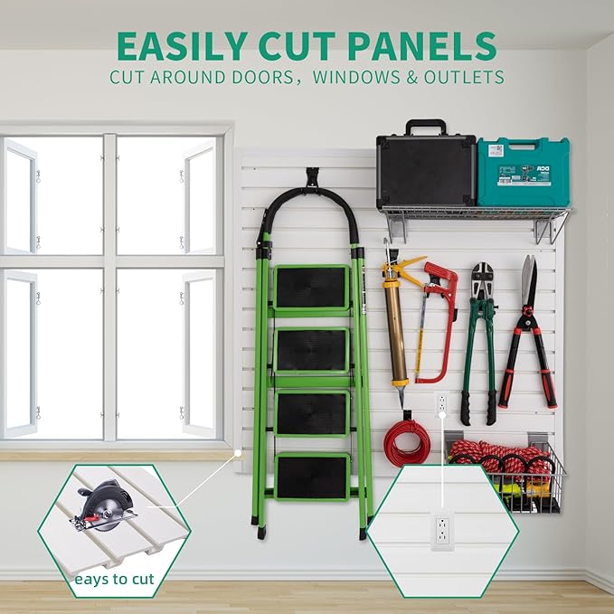 FRAYSCENT Slat Wall Paneling Garage Slat Wall Storage Systems Slatwall Panels Power Tool Organizer Wall Mount, PVC Garage Storage & Organization Products Slate Board (White, 4ft x 8ft with 26 Hooks)