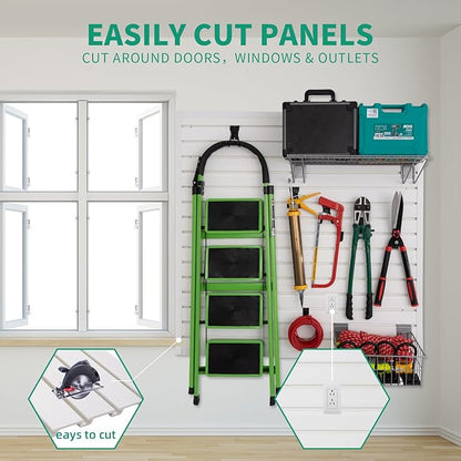FRAYSCENT Slat Wall Paneling Garage Slat Wall Storage Systems Slatwall Panels Power Tool Organizer Wall Mount, PVC Garage Storage & Organization Products Slate Board (White, 4ft x 8ft with 26 Hooks)