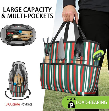 Classic Checkered Garden Tool Bag - Waterproof Garden Tote with 8 Pockets, Large Storage Home Organizer Gardening Tool Oxford Bag for Garden Tools Kits Holder, Gardening Gift for Women & Men