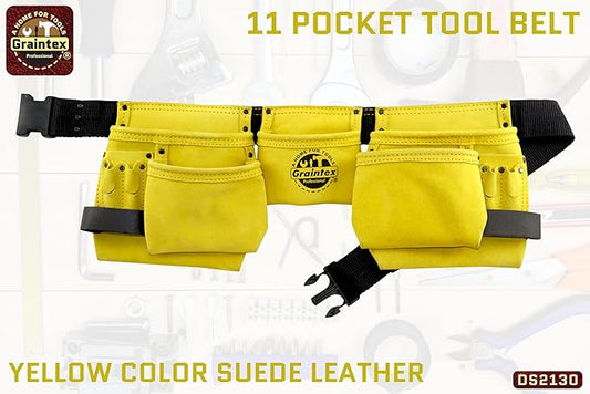 Graintex DS2130 11 Pocket Yellow Color Suede Leather Tool Belt/Tool Bag/Work Apron, 2 Hammer Loops, Adjustable Belt | Construction, Carpenter, Roofing, Drywall, Electrician, Gardening, DIY
