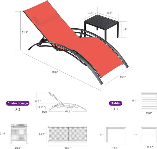 PURPLE LEAF Patio Chaise Lounge Set Outdoor Lounge Chair Beach Pool Sunbathing Lawn Lounger Recliner Chair Outside Tanning Chairs with Arm for All Weather Side Table Included Coral Red