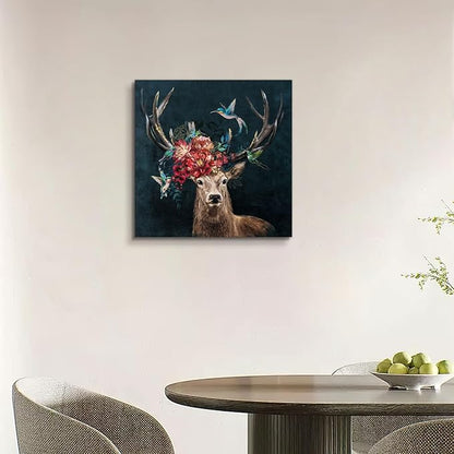 JolyWell Deer Canvas Wall Art With Flowers, Animal Prints for Living Room Bedroom Office, Wildlife Hunting Artwork Decorations, 24x24 Ready to Hang