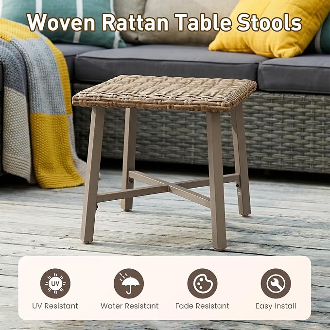 Rattan Side Table for Outdoor, Small Patio Table & Balcony End Table with Handwoven Wicker Design, Compact Square Accent Table for Porch Garden Deck