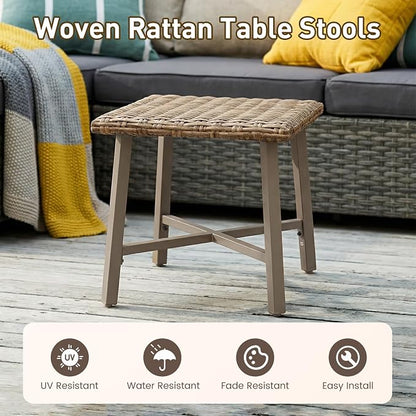 Rattan Side Table for Outdoor, Small Patio Table & Balcony End Table with Handwoven Wicker Design, Compact Square Accent Table for Porch Garden Deck