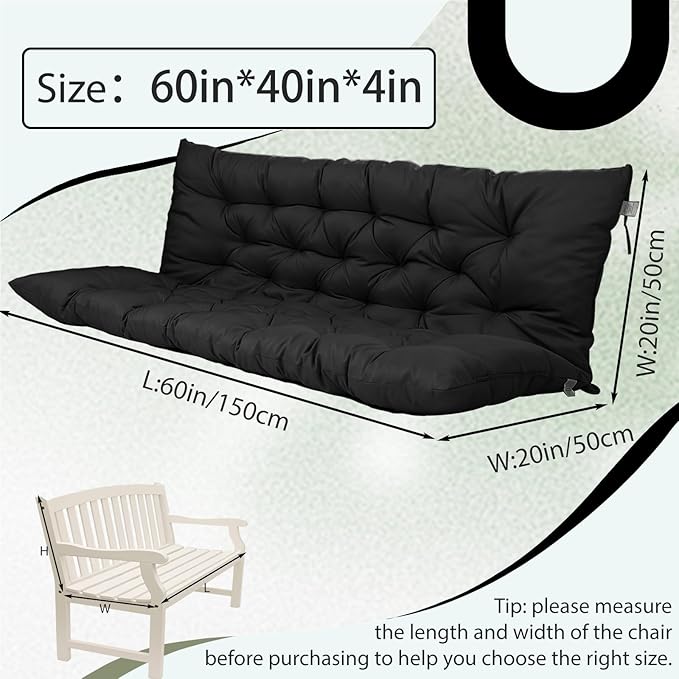 2/3 Seater Swing Replacement Cushion, Waterproof Porch Swing Cushions with Backrest, Thickened Bench Cushions for Outdoor Furniture, for Outdoor Patio Swing (Black, 60 * 40 in)
