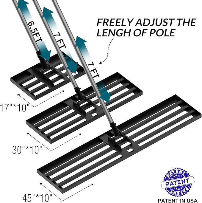 Walensee Lawn Leveling Rake, Levelawn Tool, Heavy Duty Effort Saving Lawn Level Tool, Steel Handle Lawn Leveler for Yard Garden Golf Course , Ease Level Soil Sand Dirt Surfaces, 7FT 30"x10"