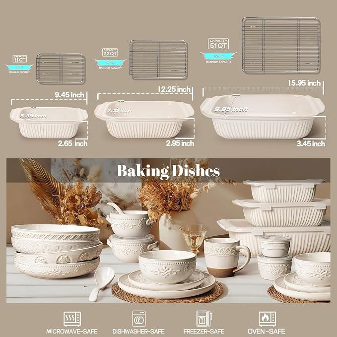 Artena Casserole Dishes For Oven, Ceramic Baking Dish, Large Lasagna Pan With Handles, Baking Pan Casserole Dish, Rectangular Bakeware Deep, Set Of 3 (5.1Qt/2.3Qt/1.1Qt) (White, With Racks)