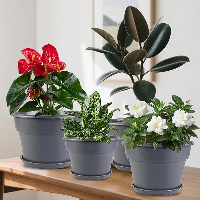 13-inch-Plant-Pots, 4 Pack Large Planters for Outdoor Plants, Plastic Flower Pots Indoor with Drainage Holes & Trays, Classic Garden Pot Container for House