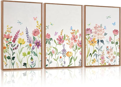 CHDITB Colorful Wildflower Framed Canvas Wall Art Print, Nature Butterfly Poster, Flower Wall Decor, Watercolor Floral Pictures, Botanical Art Prints for Girl Room Living Room Nursery Decor 16"x24"x3
