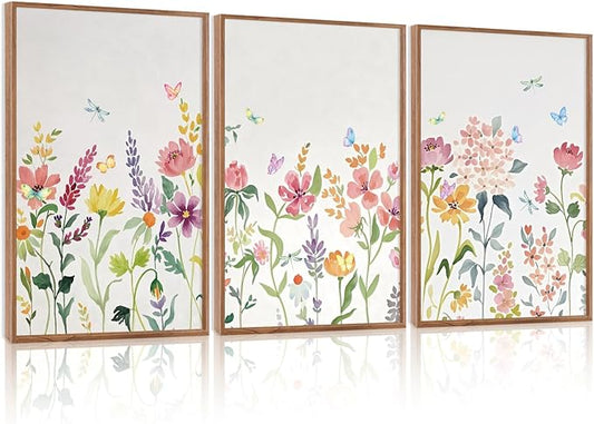 CHDITB Colorful Wildflower Framed Canvas Wall Art Print, Nature Butterfly Poster, Flower Wall Decor, Watercolor Floral Pictures, Botanical Art Prints for Girl Room Living Room Nursery Decor 16"x24"x3