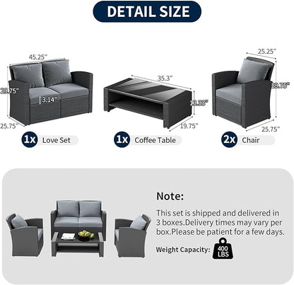 4 Piece Patio Furniture Set,Outside Rattan Sectional Sofa,Wicker Conversation Set with Cushion and Glass Coffee Table,Wicker Sofa Ideal for Garden,Porch,Grey