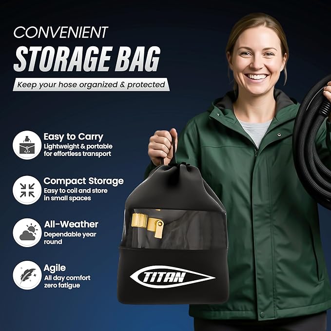 TITAN 50 ft Garden Hose – Lightweight Flexible Water Hose, Kink-Free Non-Expanding, High Flow, Solid Brass Fittings, Leak-Proof with Nozzle