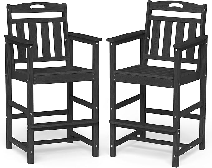 Ciokea Oversized Tall Bar Chairs Set of 2, HDPE Adirondack Outdoor Bar Chairs with Footrest, All-Weather Barstools with High Back for Balcony, Bistro, Porch, Deck, Pool, Backyard, Black