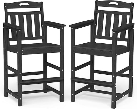Ciokea Oversized Tall Bar Chairs Set of 2, HDPE Adirondack Outdoor Bar Chairs with Footrest, All-Weather Barstools with High Back for Balcony, Bistro, Porch, Deck, Pool, Backyard, Black
