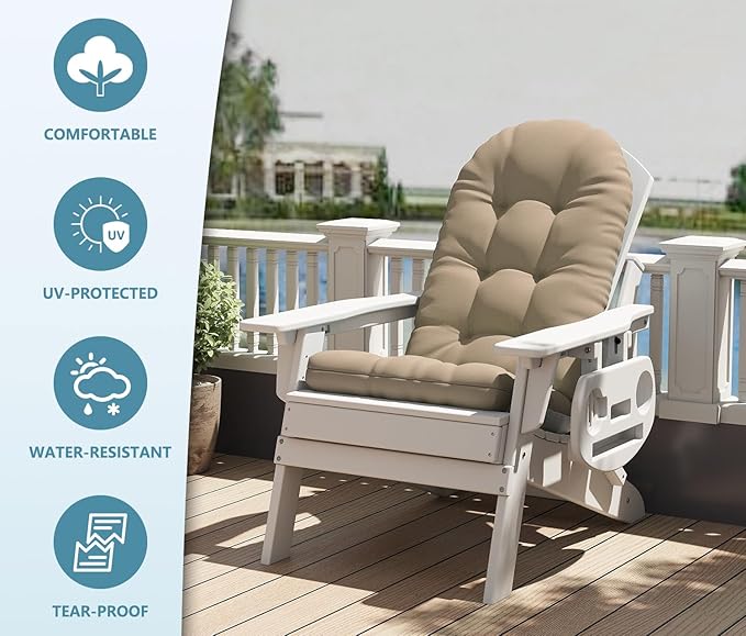 Adirondack Chair Cushion Set of 2, Thickened Patio Chair Cushions with Ties, Waterproof and UV-Protected Rocking Chair Cushion for Indoor and Outdoor, Khaki.
