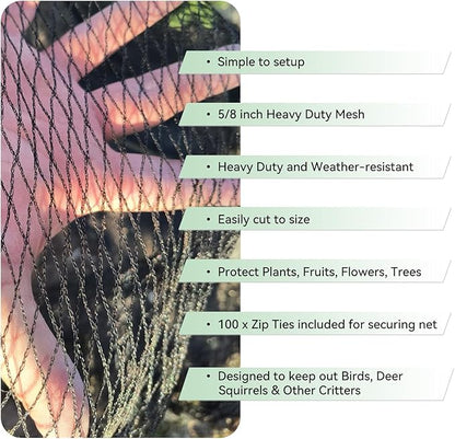 Bird Netting for Garden 15x20 Ft, 1/2 Inch Mesh Heavy Duty Garden Netting for Plants, Fruit Trees & Blueberries, UV Resistant Outdoor Protection Against Birds, Squirrels, Deer & Poultry