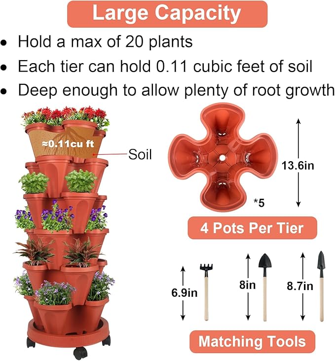 GameXcel Vertical Planter Tower- 6 Tier Stackable Garden Planter with Wheels and Tool Set – Grow Strawberries Herbs Flowers and Vegetables - Indoor Outdoor Use Red