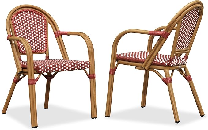 PURPLE LEAF French Bistro Chairs Set of 2 Patio Dining Chairs Hand-Woven Aluminum Wicker Rattan Armchairs for Kitchen Porch Garden Bamboo Print Finish Red White