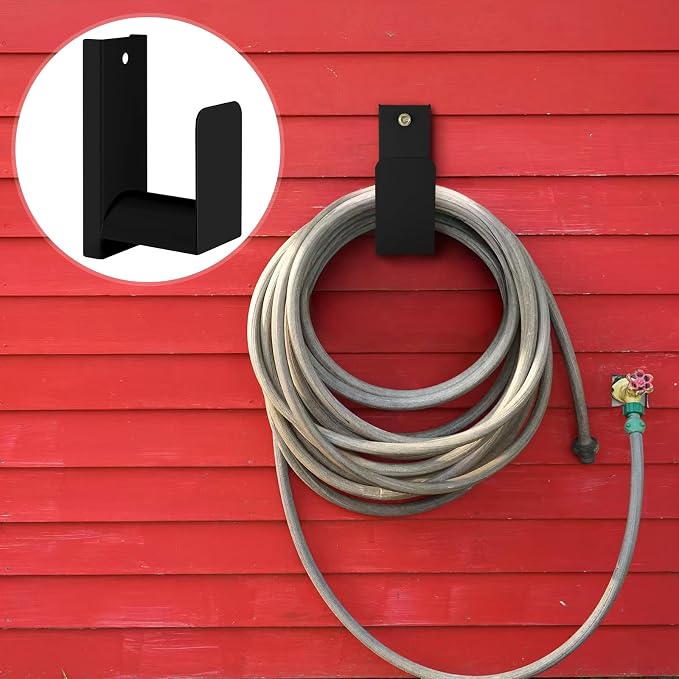 CroBlissful Garden Hose Holder Wall Mount Garden Water Hose Hanger Metal Line Hanger Holds Over 100' Heavy Duty Bracket for Outside Expandable Extension Cords Ropes Holder (Black)