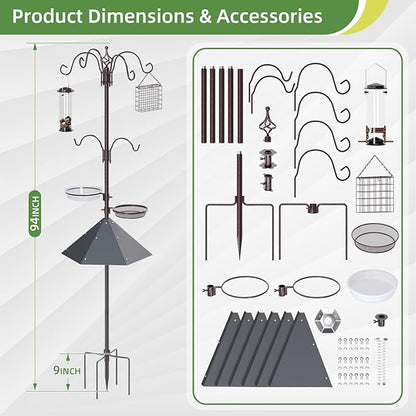 94" Bird Feeding Station Kit with Metal Squirrel Baffle, Heavy Duty Metal Bird Feeding Station with Seed Tray＆Mesh Basket, Easy Assembly Ground Mounted Bird Feeder Pole for Garden Yard Outdoor
