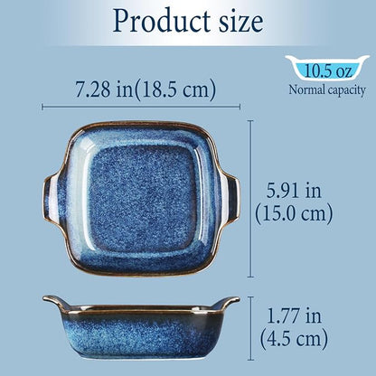 Ceramics Au Gratin baking Dishes Set of 4, Baking Tray Bake ware, 10.5 oz Ramekins, for Pie Pan, Appetizer, Tart, Dessert, Quiche, Oven Small dish, individual dishes, Square 7.3 Inch
