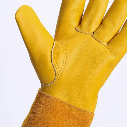 Acdyion Thorn Proof Gardening Gloves for Men & Women, Long Cowhide Leather Rose Pruning Gloves with Forearm Protection, Puncture Resistant Gauntlets for Cacti, Blackberries & Yard Work(yellow,Small)