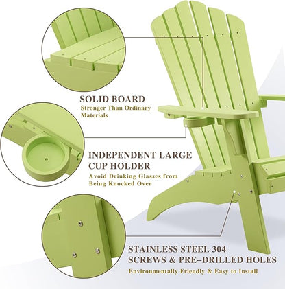 Psilvam Adirondack Chair, Oversized Poly Lumber Fire Pit Chair with Cup Holder, 350Lbs Support Patio Chairs for Garden, Weather Resistant Outdoors Seating, Relaxing Gift for Father & Mother (1, Green)
