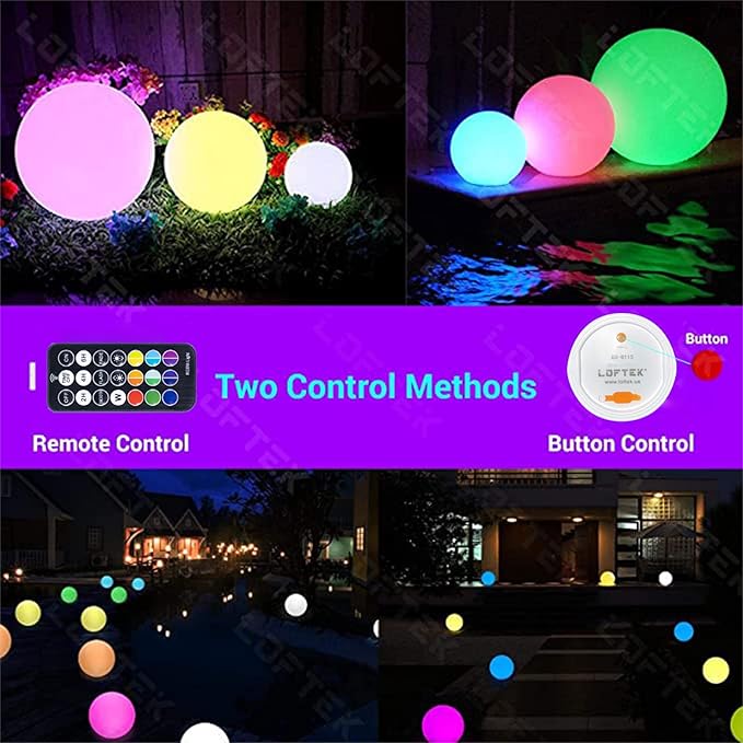 LOFTEK LED Pool Lights That Float 6+8+12inch Globe Lamp Rechargebale 16 RGB Orb Light