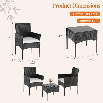 Sweetcrispy 3 Piece Patio Furniture Set, All-Weather Outdoor Wicker Bistro Set with Removable Cushions & Tempered Glass Table, Small Conversation Seating for Porch, Balcony, Deck, Backyard, Black