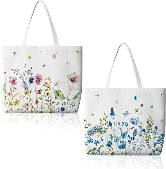 Bencailor 2 Pcs Spring Flower Canvas Tote Bags Reusable Wildflowers Herbs Plant Grocery Bags for Women Shopping Spring Gifts(Fresh)