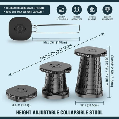 NUMANU 2026 Upgraded XXL Collapsible Stool & 3IN1 Cushioned Carry Bag, 2.6"-19.7" Height Adjustable, Max 1,000lbs Portable Retractable Telescoping Seat, Foldable Camping Stool for Adults (XXL Square)