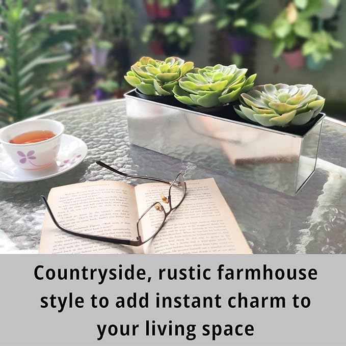 LaLaGreen Wall Planter (3 Pack, 16 Inch) Large Wall Mount Planters for Succulent, Silver Rectangular Metal Hanging Flower Pot, Long Window Sill Plant Box Railings Herb Indoor Rustic Farmhouse Decor