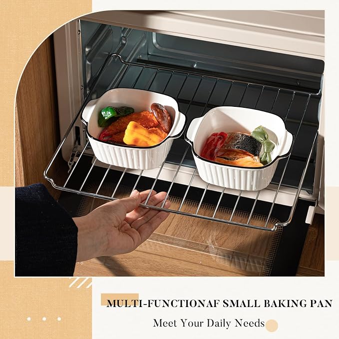 Maxdot 4 Pcs Ceramic Baking Dishes Porcelain Soup Bowls 5.75 Inches Ceramic Square Cereal Bowls with Handles for Kitchen Air Fryer Oven Microwave Safe Serving Mother's Day Wedding Party Gift