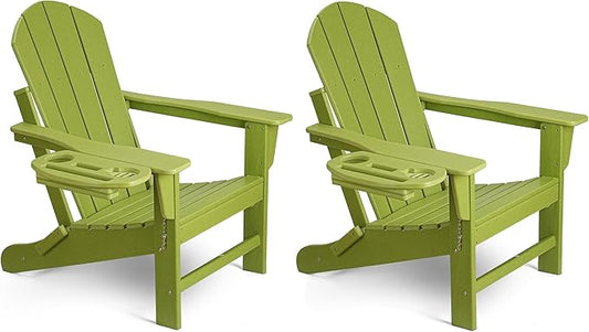 Adirondack Chair Set of 2, HDPE Folding Adirondack Chair with Multifunctional Cup Holder, Weather Resistant Fire Pit Chair for porches, patios, patios, poolsides, Decks.