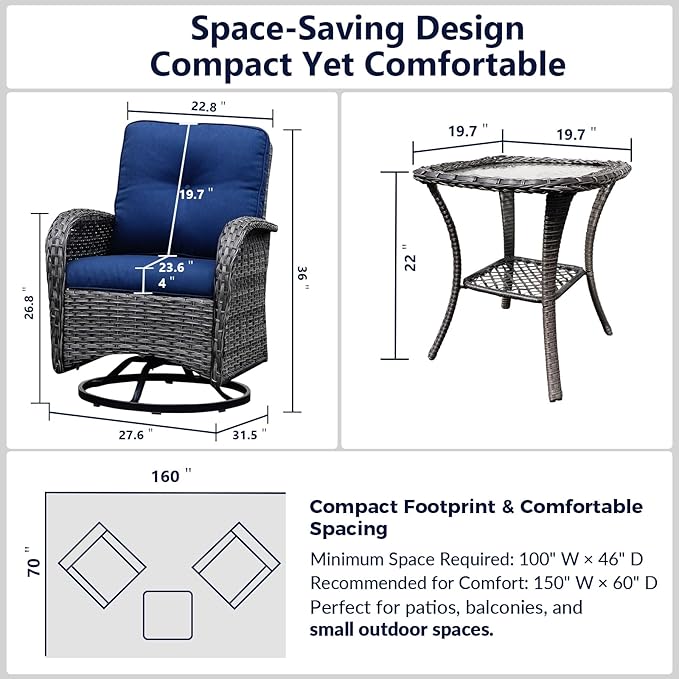 Luxury 3-Piece PE Wicker Swivel Rocking Patio Chair Set with Preminum Cushions & Ripple Glass Table, All-Weather Outdoor Bistro Set for Modern Deck or Balcony