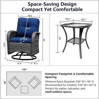 Luxury 3-Piece PE Wicker Swivel Rocking Patio Chair Set with Preminum Cushions & Ripple Glass Table, All-Weather Outdoor Bistro Set for Modern Deck or Balcony